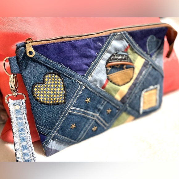 Bohemian Unique One-of-a-Kind Denim Patchwork Clutch Wristlet bag - Picture 7 of 16